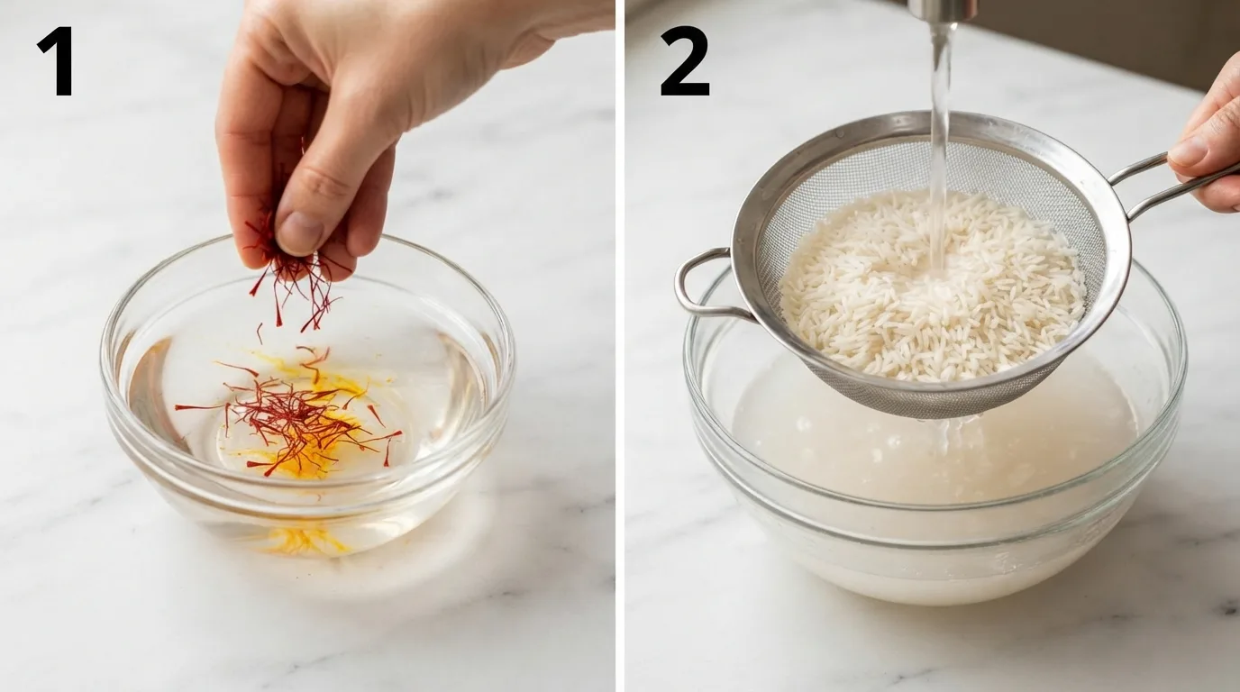 Saffron threads blooming in warm water for cava saffron rice recipe / Rinsing basmati rice under running water to remove starch