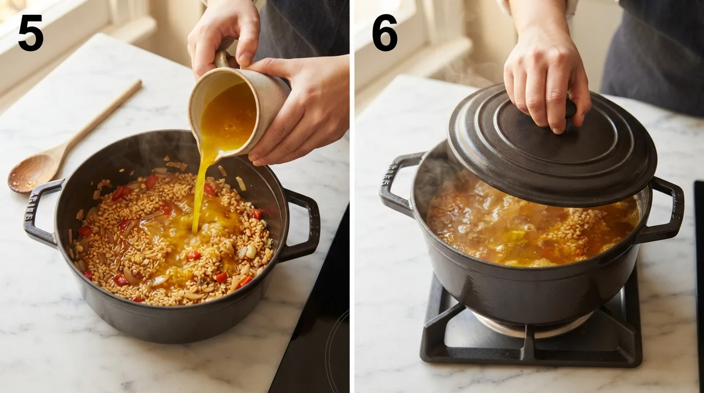Pouring saffron broth into toasted basmati rice for cava rice recipe / Covering the saucepan tightly to steam the saffron basmati rice
