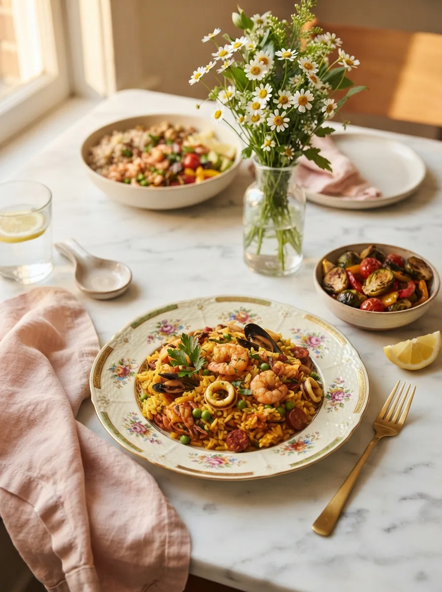 Cava saffron rice served bowl-style with roasted vegetables and lemon on a floral gold-rim plate