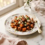 Foolproof cava sweet potato recipe with glossy harissa honey glaze and crumbled feta on a floral gold-rim plate
