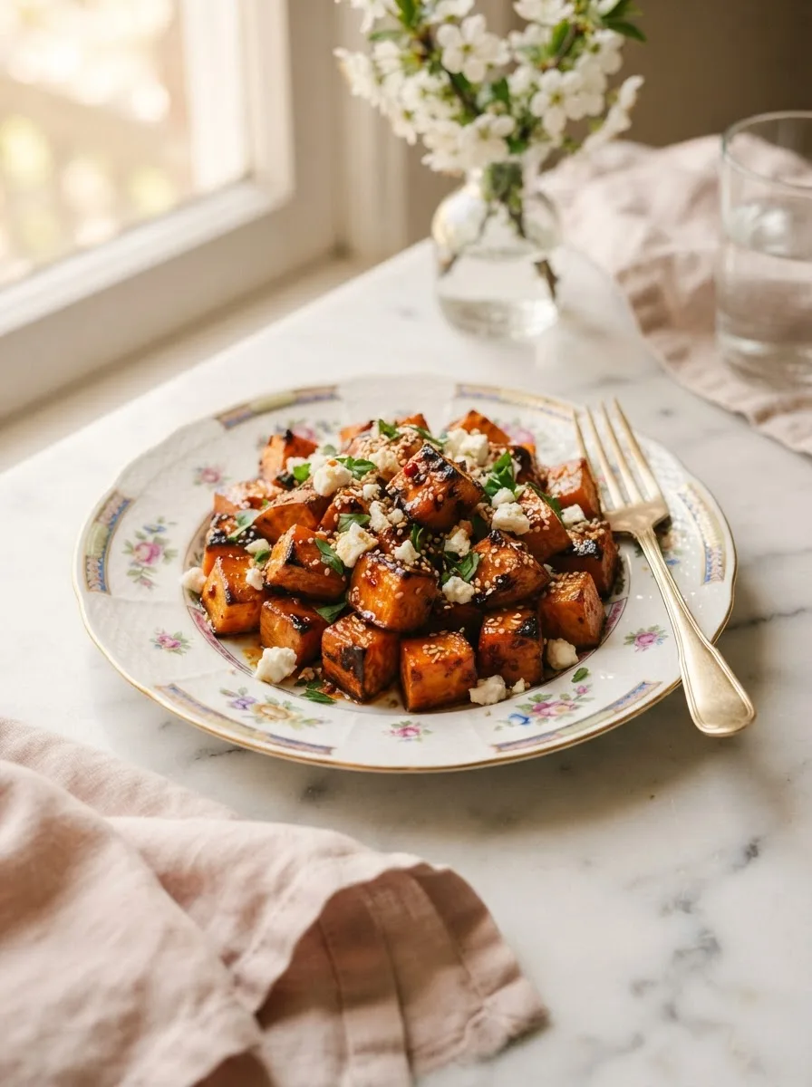 Foolproof cava sweet potato recipe with glossy harissa honey glaze and crumbled feta on a floral gold-rim plate
