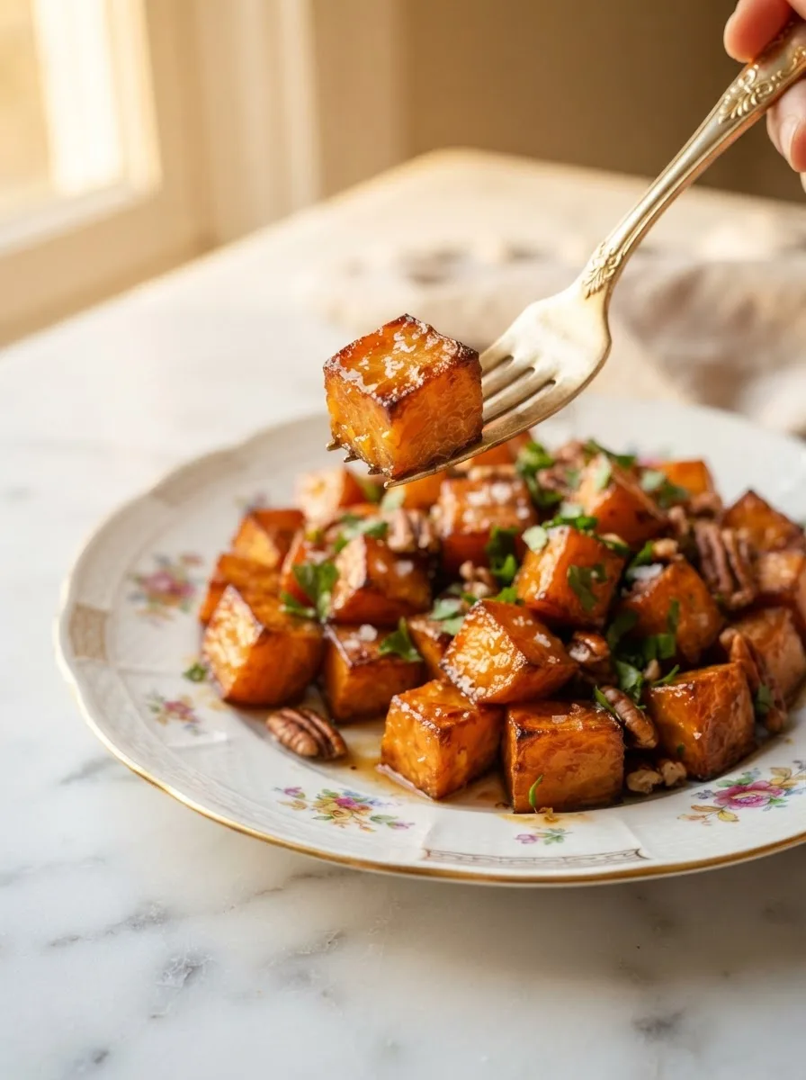 Close-up of caramelized harissa honey sweet potato cube showing tender interior and crisp glazed edge