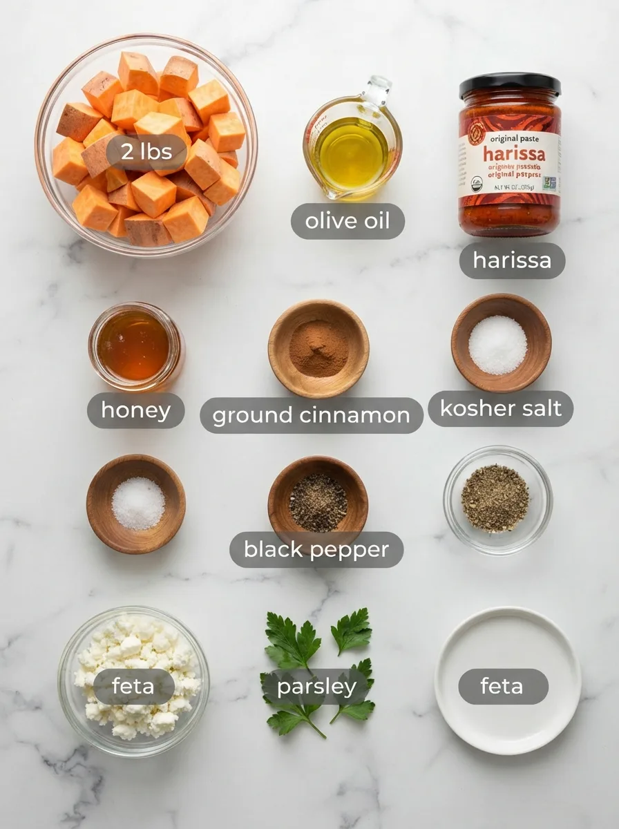 Ingredients for cava sweet potato recipe in glass bowls: sweet potatoes, harissa, honey, cinnamon, feta