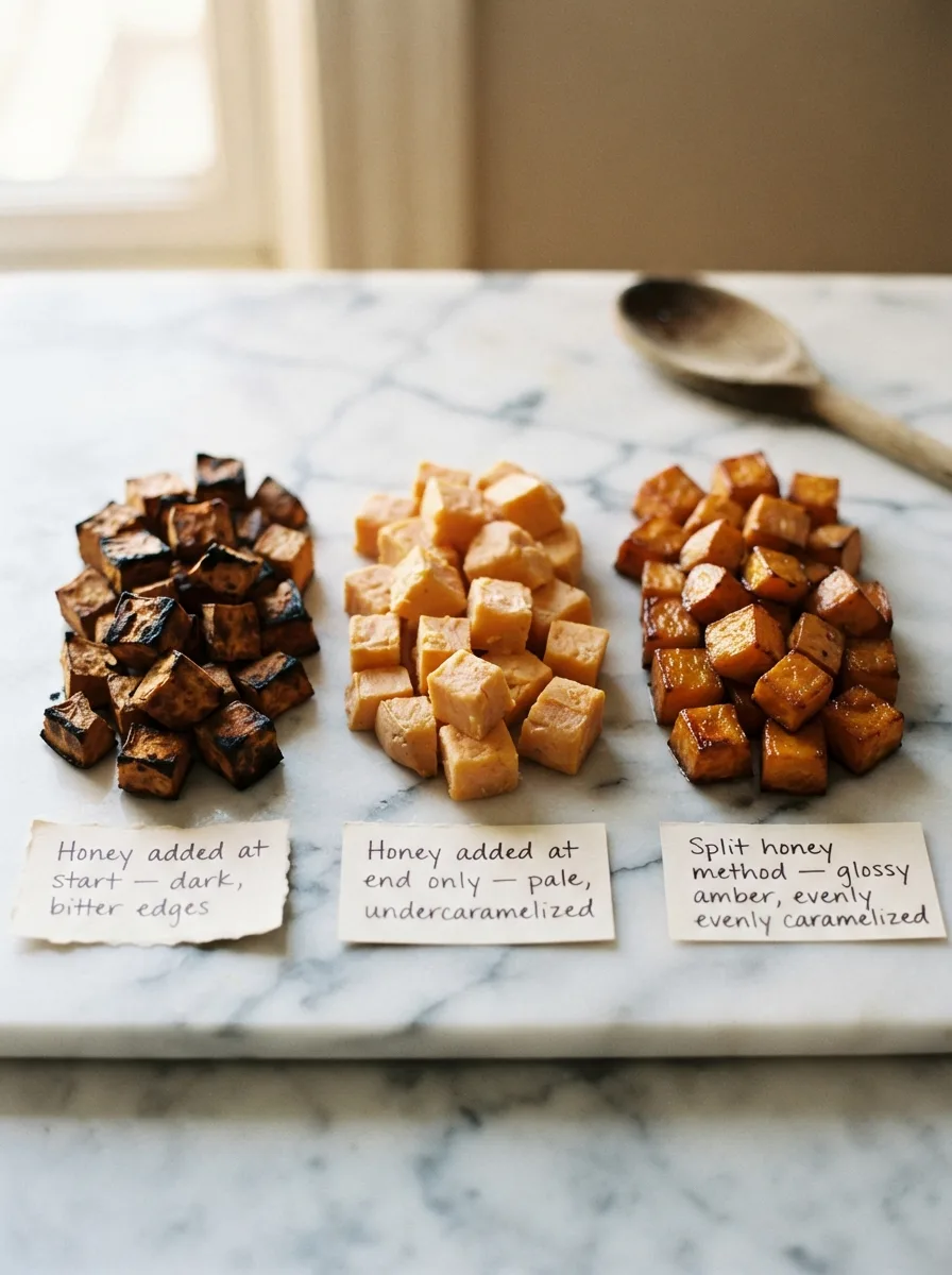 Comparison of cava sweet potato recipe results from three honey timing methods, side by side