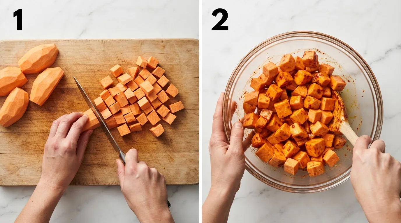 Cutting peeled sweet potatoes into uniform cubes on a wooden board / Tossing sweet potato cubes with harissa and olive oil in a glass bowl