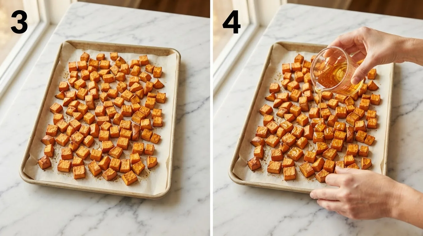 Sweet potato cubes roasting in a single layer with caramelized edges forming / Drizzling honey over partially roasted sweet potato cubes on a sheet pan