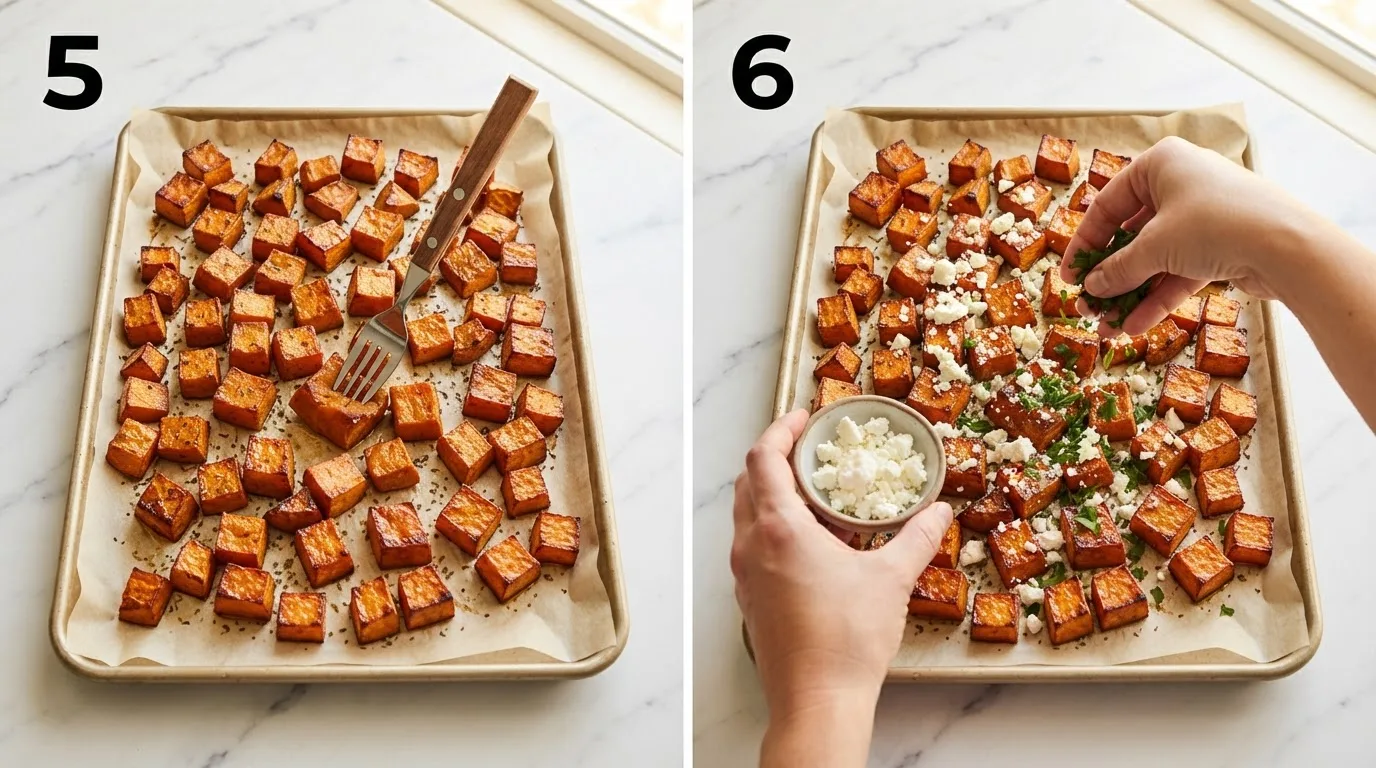 Fork pressing into a tender, caramelized roasted sweet potato cube / Scattering feta and parsley over finished honey glazed sweet potatoes