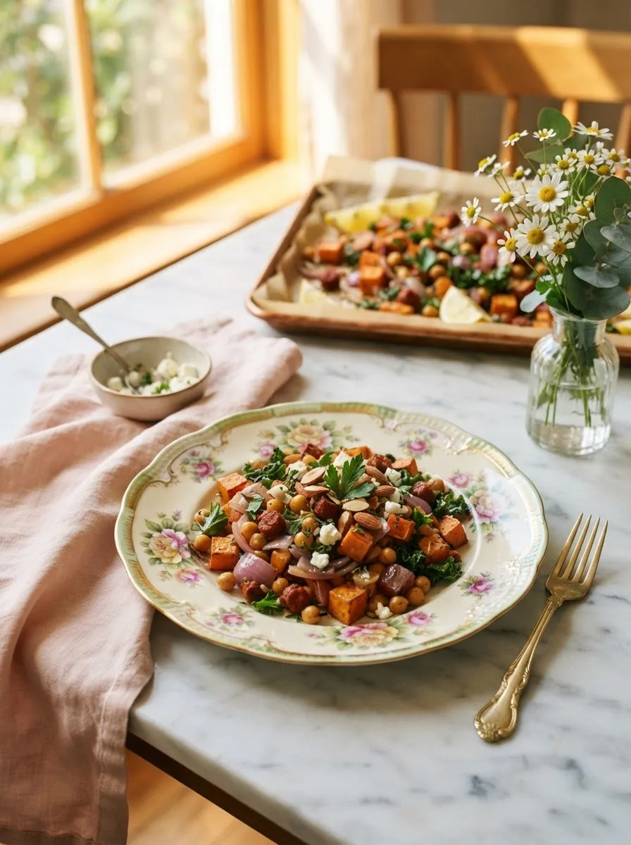 Cava sweet potato recipe served family-style on a floral gold-rim plate at a set table