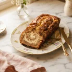 Sliced cheesecake bread with a marbled swirl on a floral gold-rimmed plate