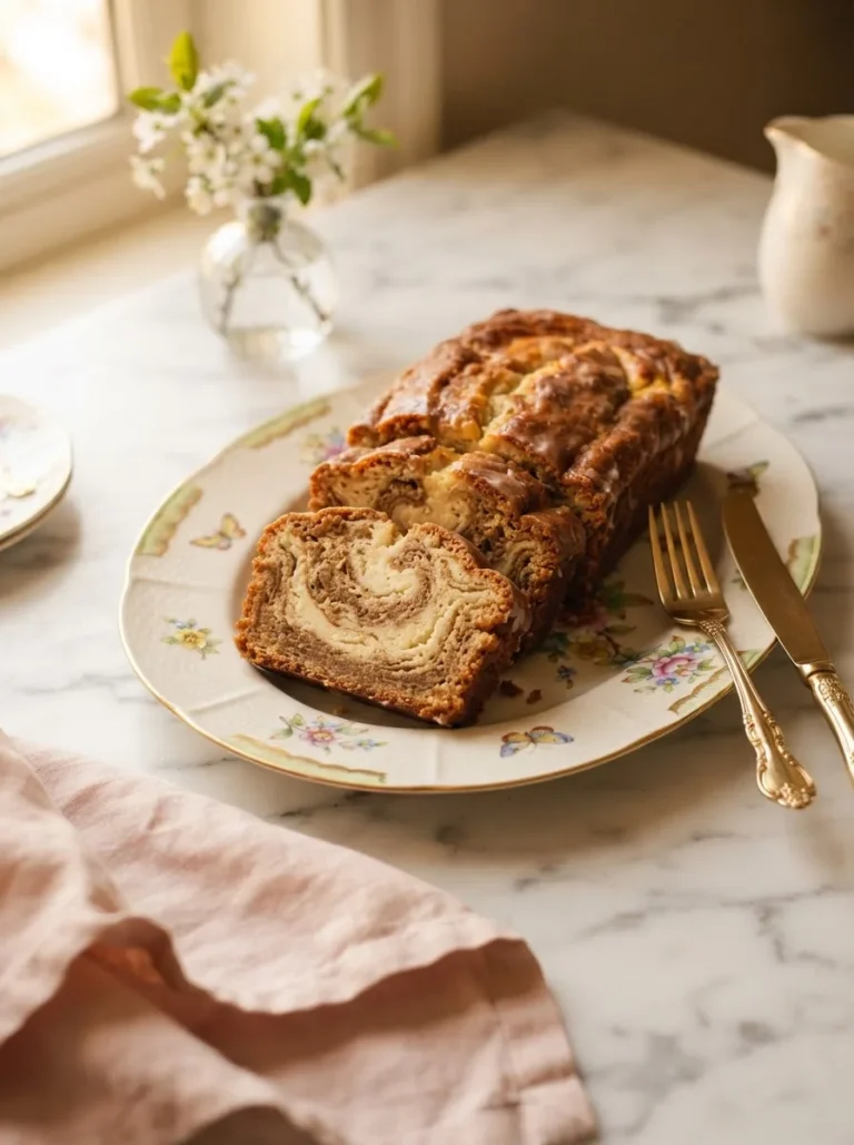 Sliced cheesecake bread with a marbled swirl on a floral gold-rimmed plate