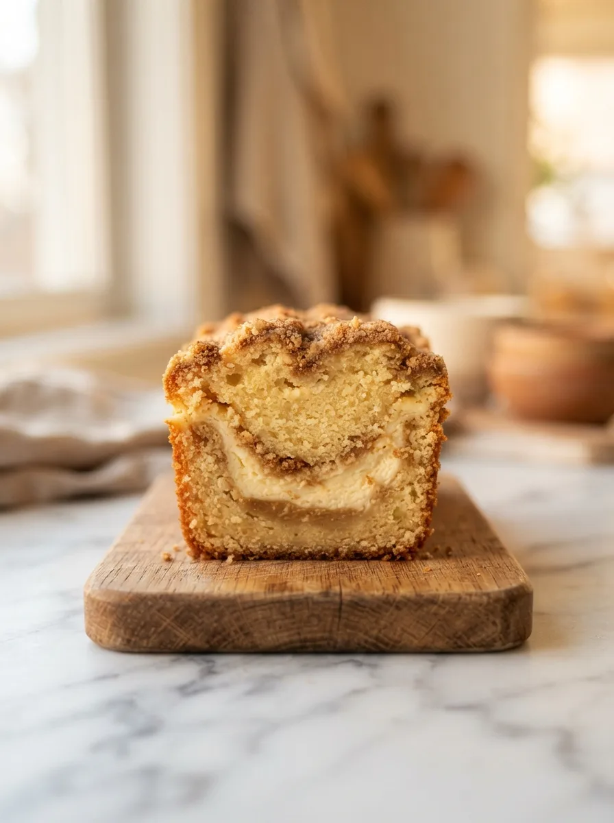 Slice of cheesecake bread standing upright showing the marbled cream cheese ribbon