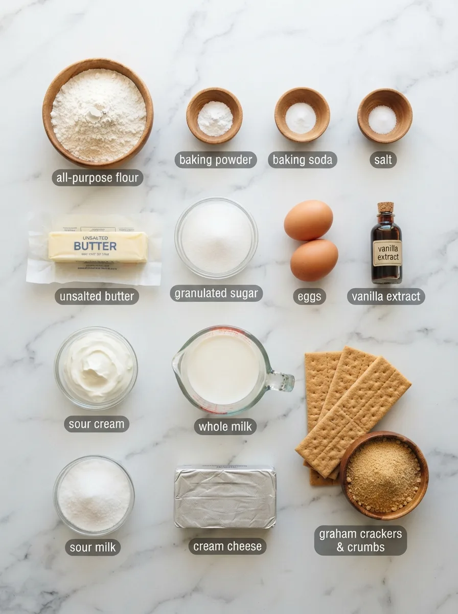 Ingredients for cheesecake bread laid out on marble including cream cheese and flour