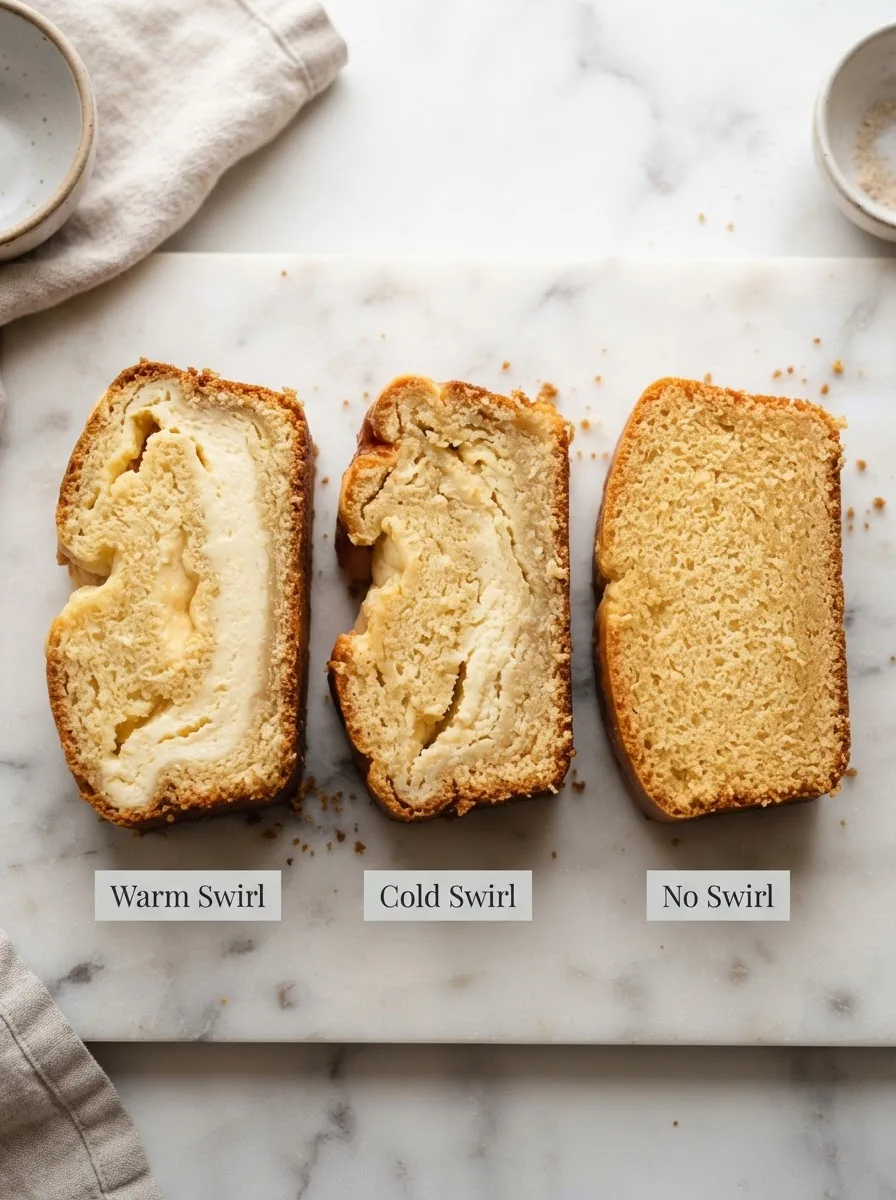 Three cheesecake bread slices comparing warm swirl, cold swirl, and no swirl results