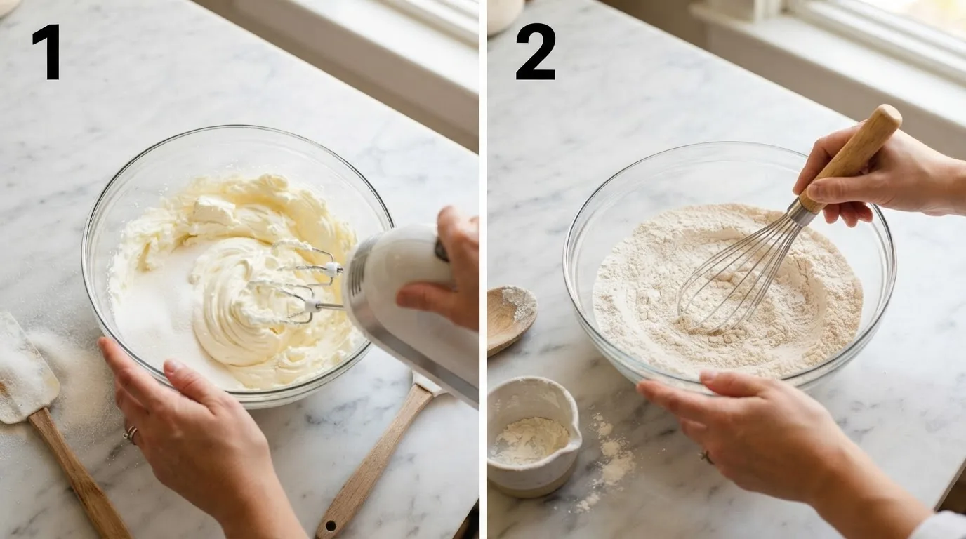 Beating cream cheese and sugar smooth in a glass bowl for cheesecake bread / Whisking dry ingredients together in a glass bowl for cheesecake bread batter