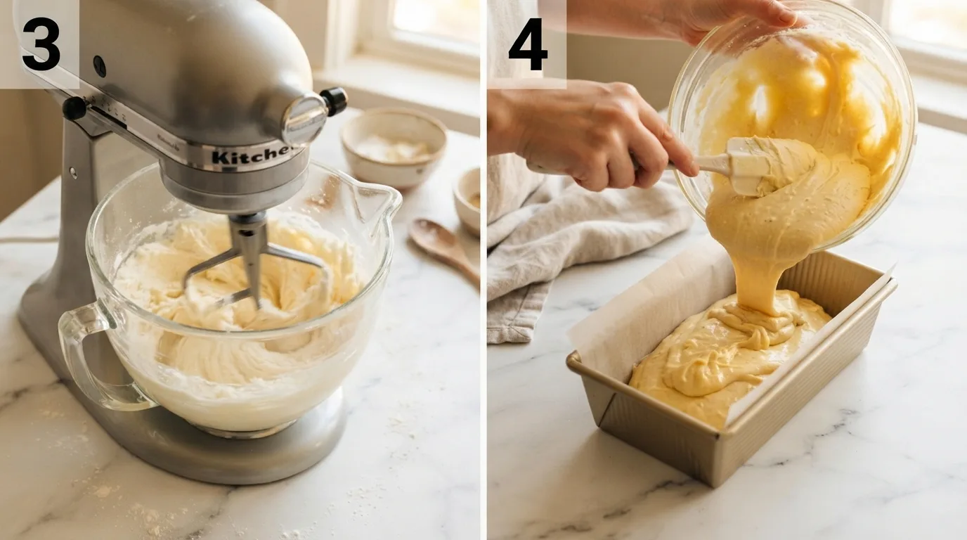 Creaming butter and sugar until pale and fluffy with a stand mixer / Pouring half of the vanilla batter into a parchment-lined loaf pan
