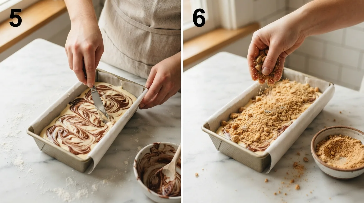 Swirling a butter knife through cheesecake bread batter to marble the layers / Sprinkling graham cracker crumble topping over unbaked cheesecake bread batter