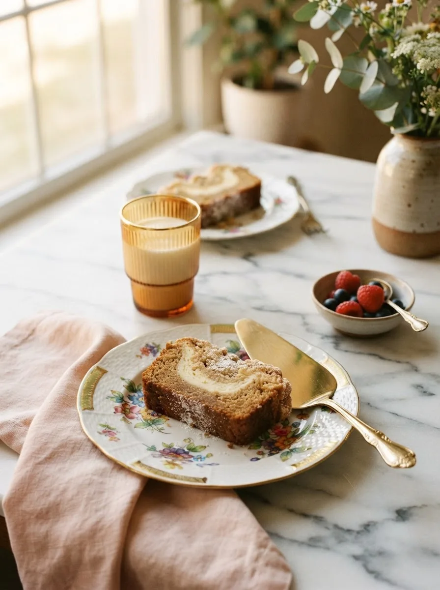 Cheesecake bread served with a glass of milk on a floral gold-rimmed plate