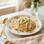 Glossy cheesecake factory alfredo sauce coating fettuccine on a floral gold-rim plate