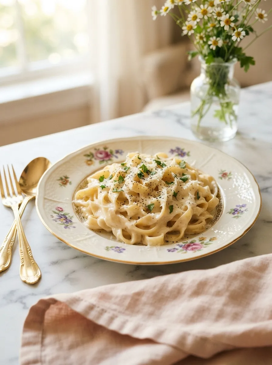 Glossy cheesecake factory alfredo sauce coating fettuccine on a floral gold-rim plate