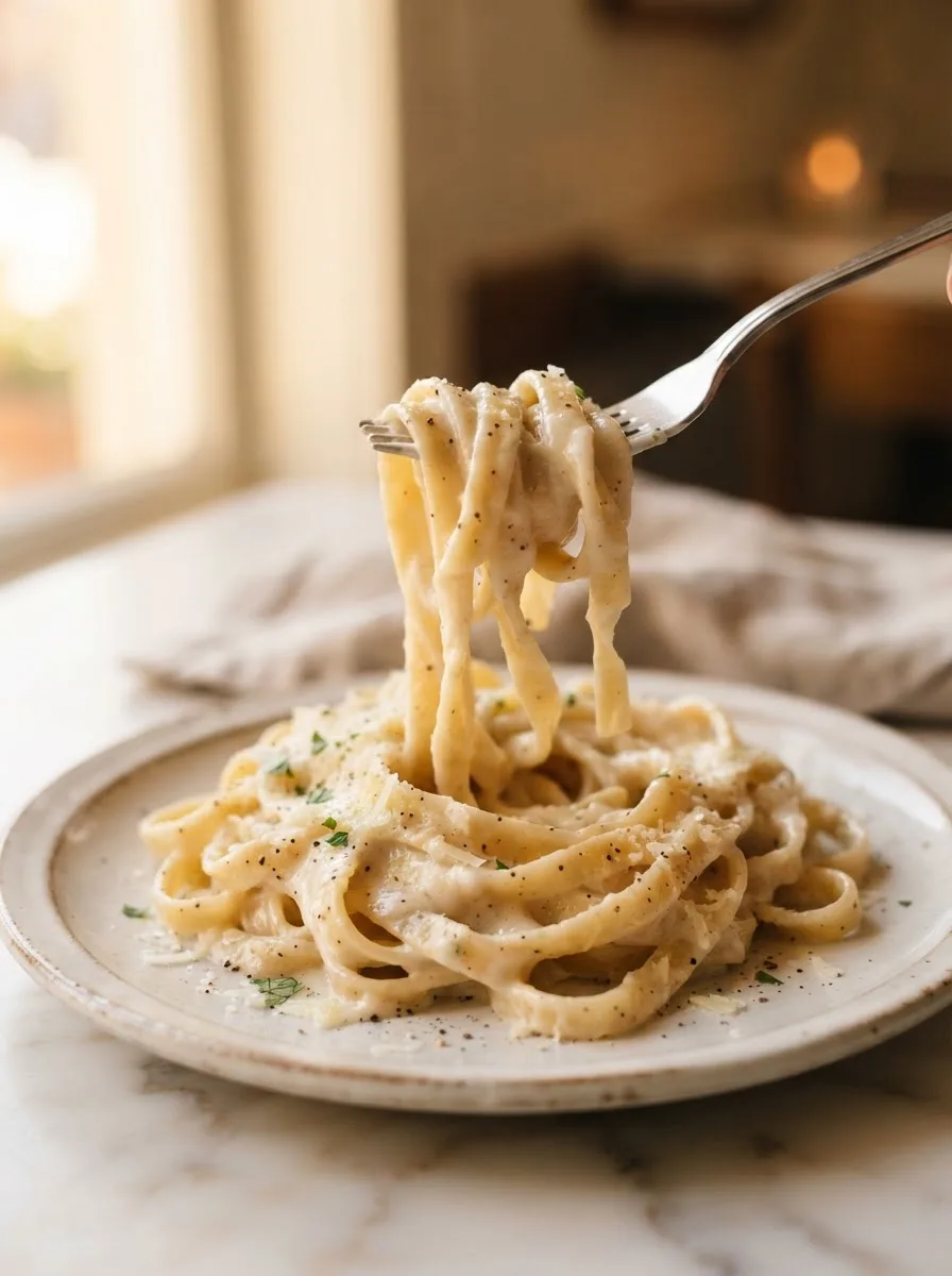 Forkful of alfredo pasta lifted showing thick sauce clinging to fettuccine