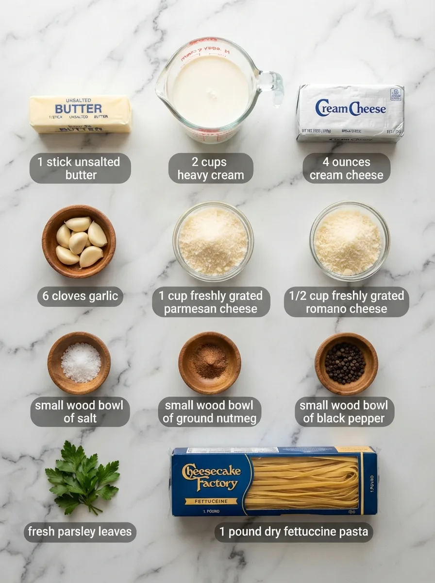 Ingredients for cheesecake factory alfredo sauce measured in bowls on marble