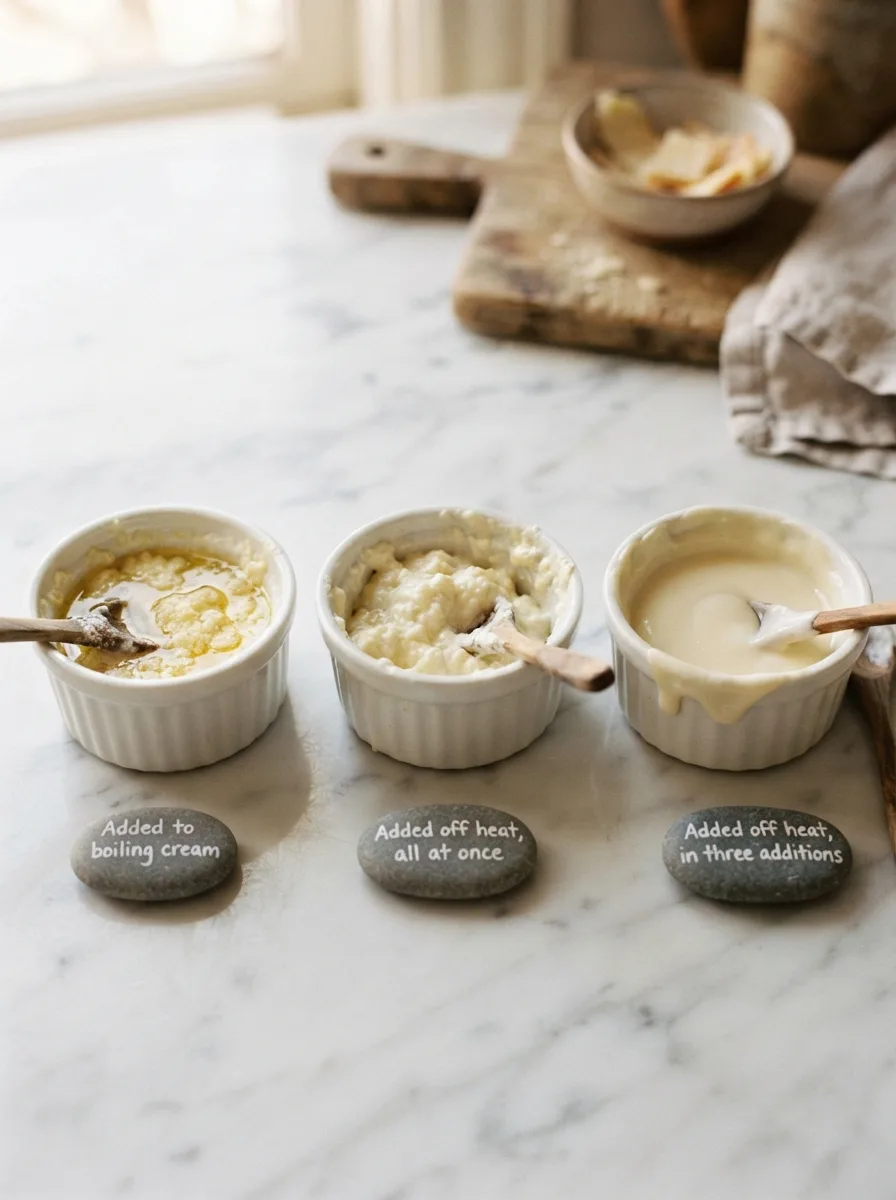 Three alfredo sauce textures compared, showing broken, clumped, and smooth results