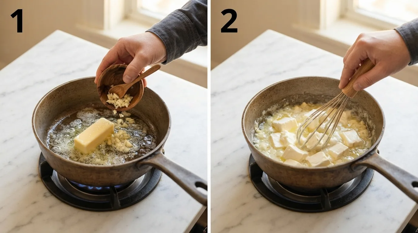 Butter melting with minced garlic in a saucepan / Cubed cream cheese being whisked into melted butter