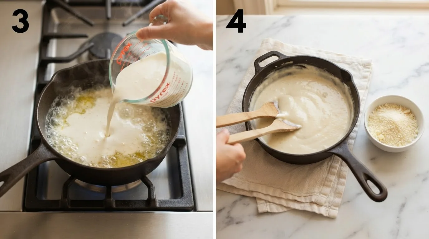 Heavy cream being poured into simmering butter and garlic / Saucepan removed from heat next to a bowl of grated cheese