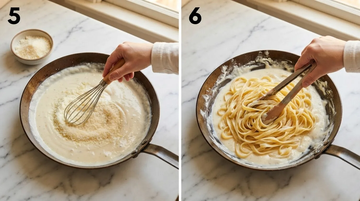 Grated cheese whisked into finished glossy alfredo sauce / Fettuccine being tossed with tongs in finished alfredo sauce