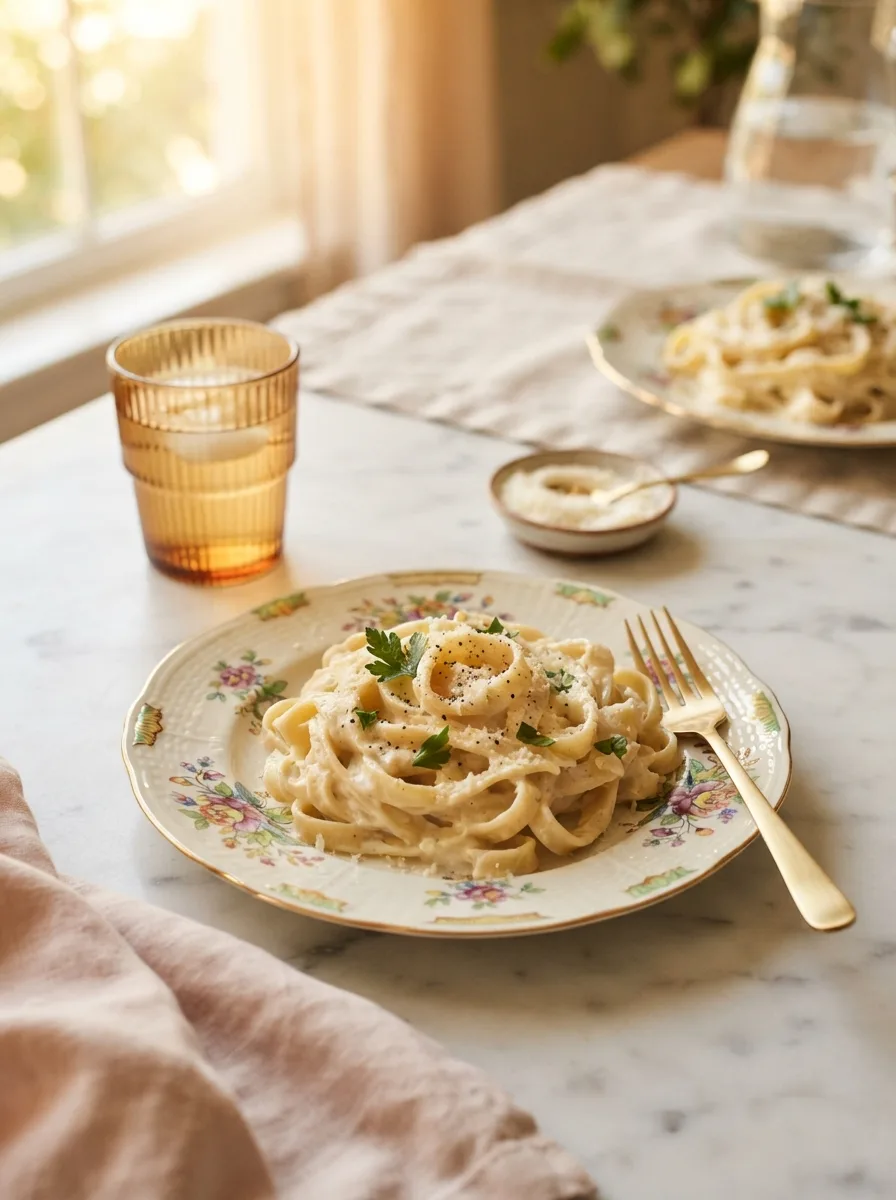 Fettuccine alfredo styled table scene with linen napkin and gold fork