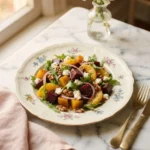 Copycat cheesecake factory beet salad with roasted beets, orange, goat cheese, and candied walnuts on a floral plate