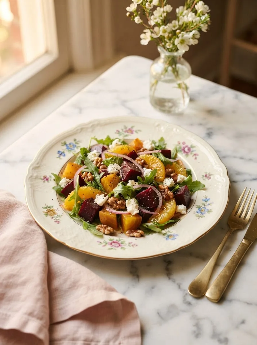 Copycat cheesecake factory beet salad with roasted beets, orange, goat cheese, and candied walnuts on a floral plate