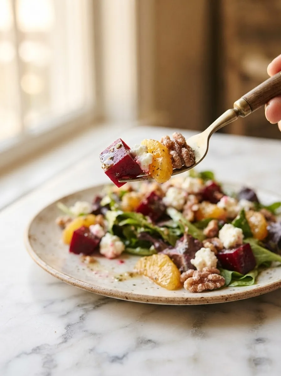 Forkful of beet salad showing roasted beet, goat cheese, orange, and candied walnut close up