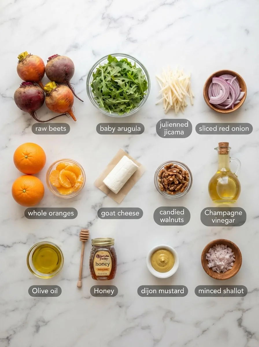 Ingredients for cheesecake factory beet salad including beets, jicama, orange, goat cheese, and walnuts