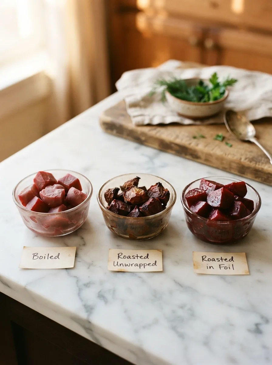 Comparison of boiled, roasted unwrapped, and foil-roasted beets showing texture differences