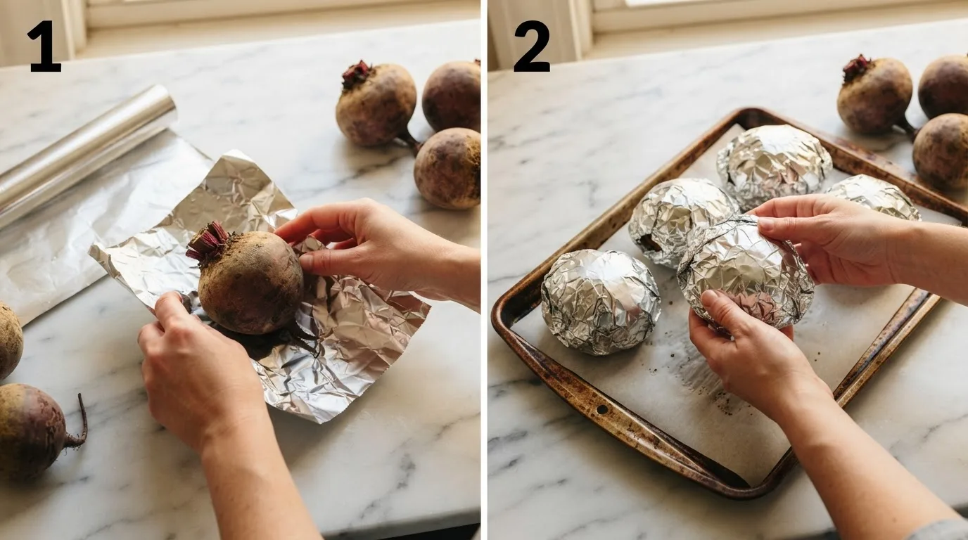 Wrapping a whole raw beet in aluminum foil on a marble surface / Foil-wrapped beets arranged on a baking sheet before roasting