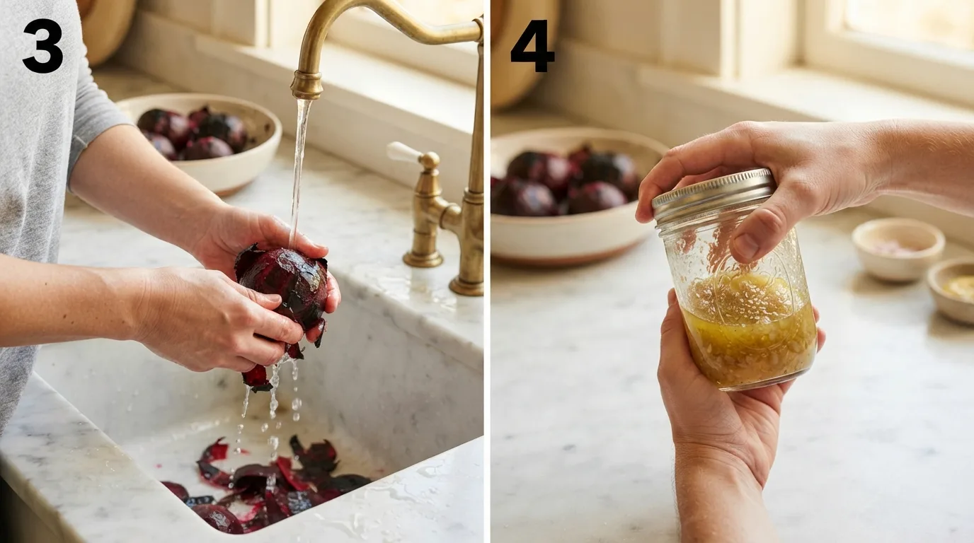 Rubbing the skin off a cooled roasted beet under running water / Shaking champagne vinaigrette together in a small glass jar