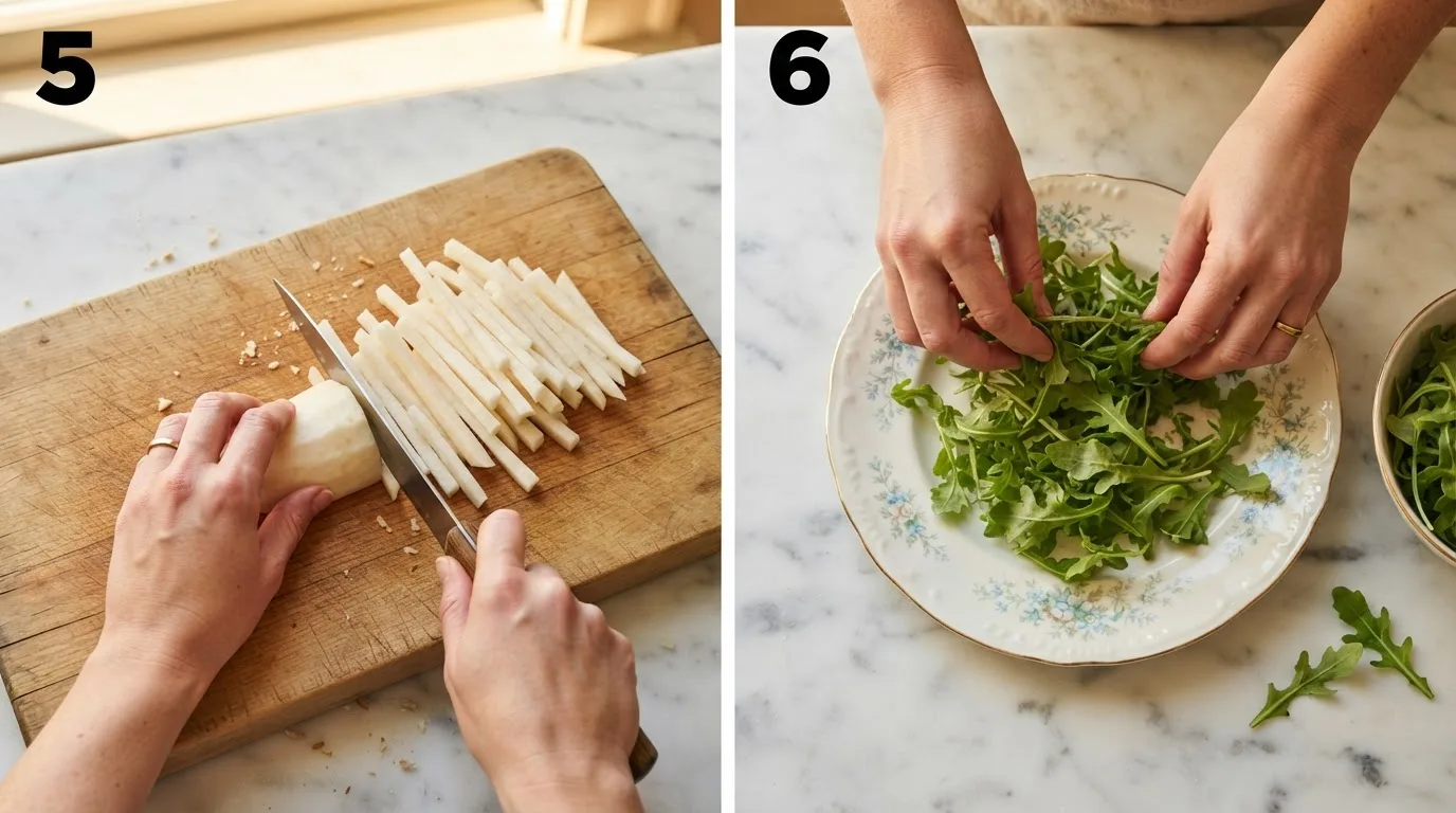 Julienning jicama into thin matchsticks on a wooden cutting board / Arranging baby arugula as the base layer on a floral salad plate