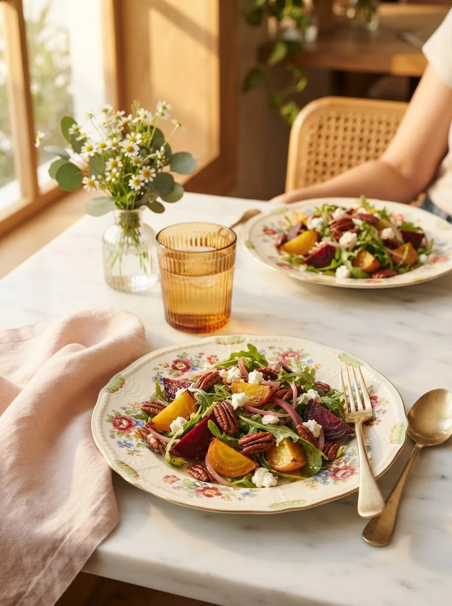 Cheesecake factory beet salad plated on a floral plate as part of a full table setting