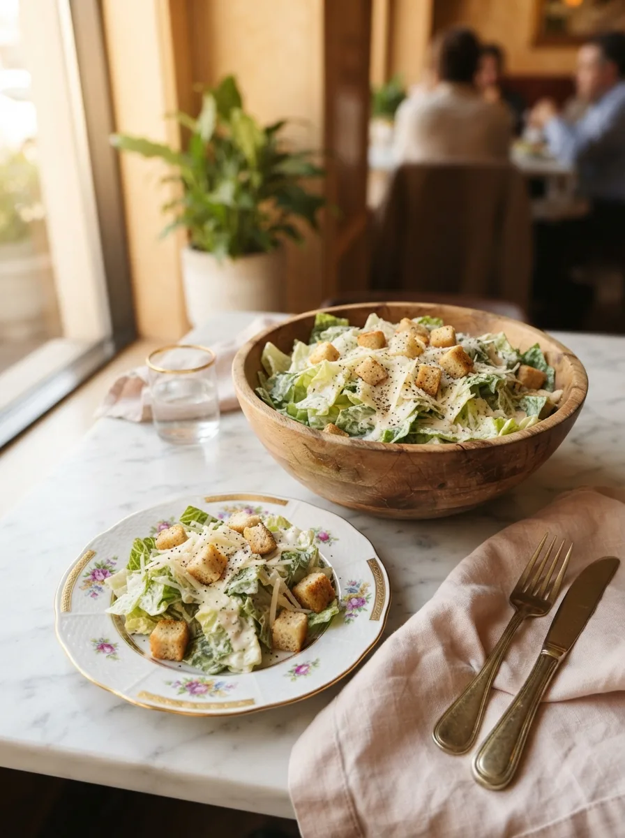 Cheesecake factory caesar salad recipe tossed with creamy dressing, parmesan, and garlic croutons