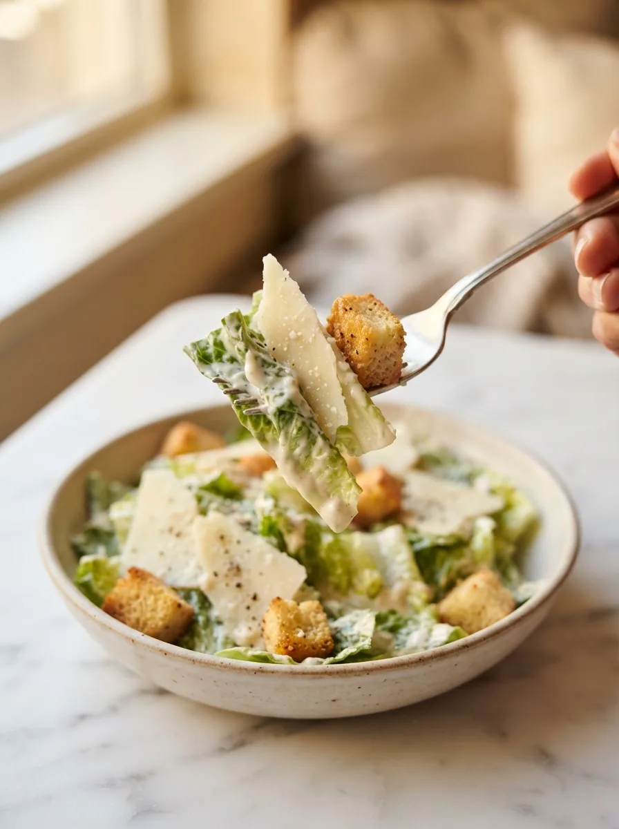 Forkful of caesar salad showing thick dressing clinging to romaine leaf