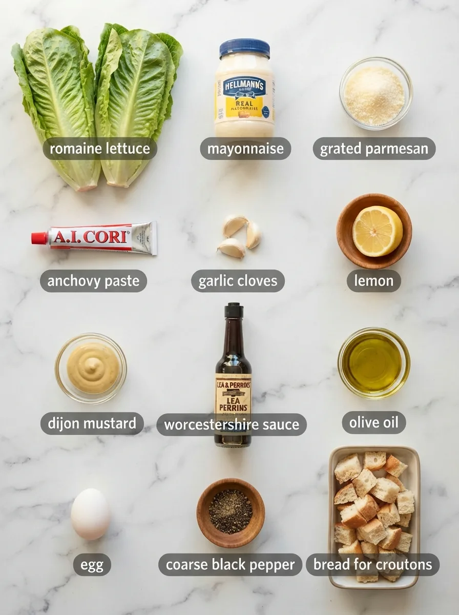 Ingredients for cheesecake factory caesar salad recipe measured into bowls on marble