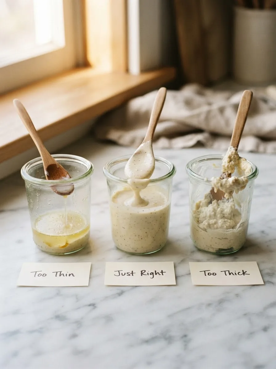 Three caesar dressing consistencies compared side by side, thin to thick