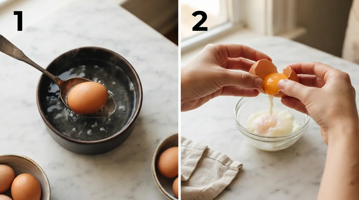 Lowering whole egg into simmering water to coddle for caesar dressing / Separating coddled egg yolk into a glass bowl