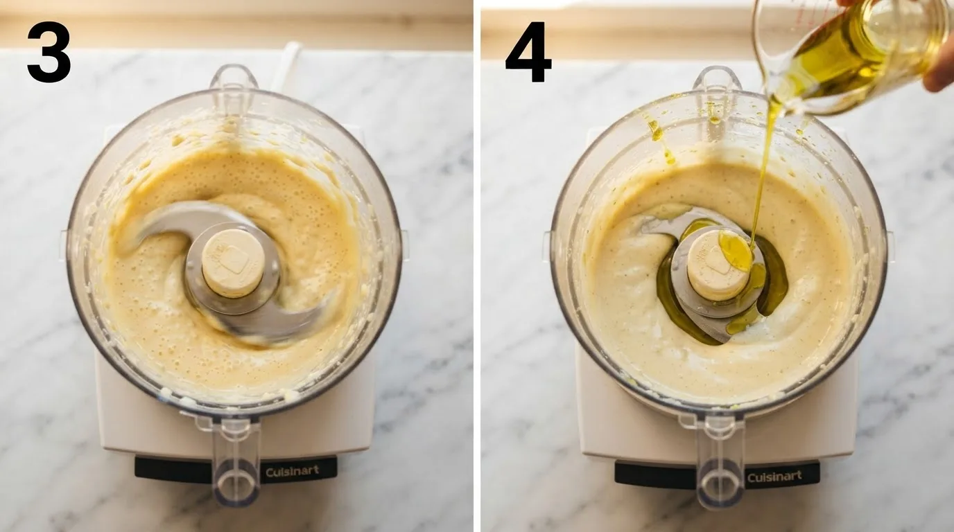 Pulsing mayonnaise and parmesan into caesar dressing base / Drizzling olive oil into running food processor to emulsify dressing