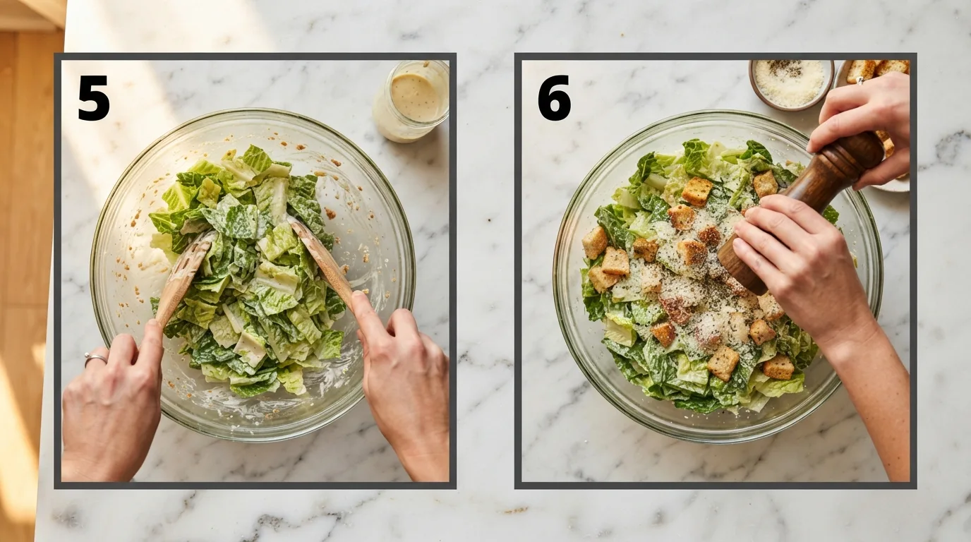 Tossing romaine lettuce with caesar dressing using tongs / Topping finished caesar salad with parmesan and garlic croutons
