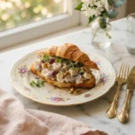 Cheesecake factory chicken salad sandwich recipe on a croissant with grapes and walnuts visible