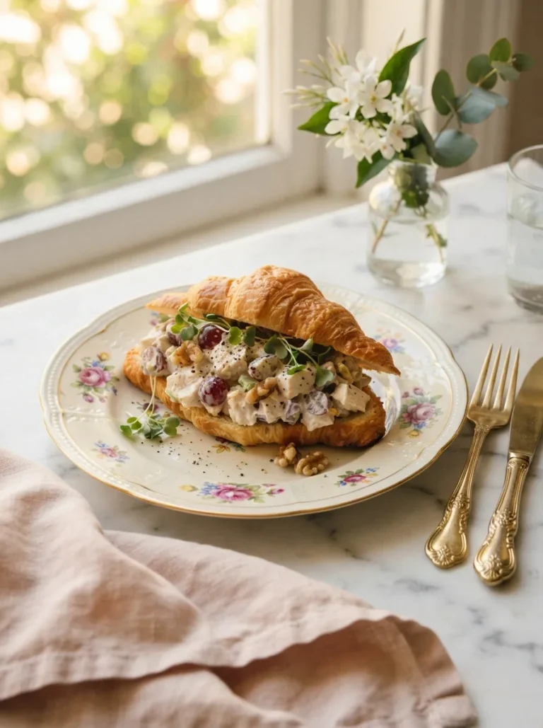 Cheesecake factory chicken salad sandwich recipe on a croissant with grapes and walnuts visible