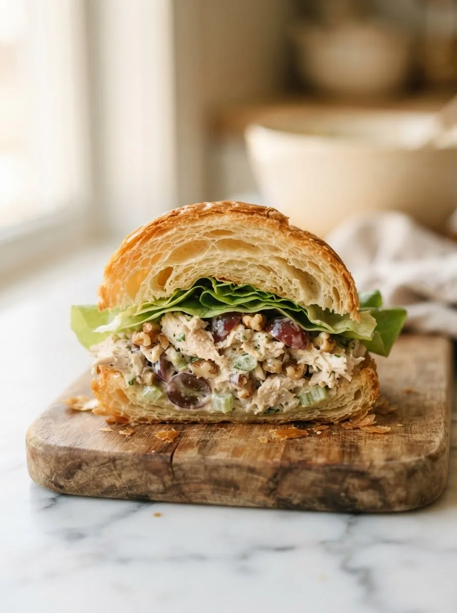 Cross-section of chicken salad sandwich showing grapes, walnuts, and shredded chicken filling