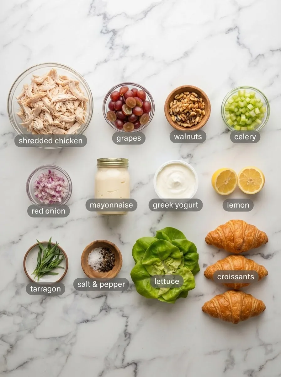 Ingredients for cheesecake factory chicken salad sandwich recipe measured out on marble